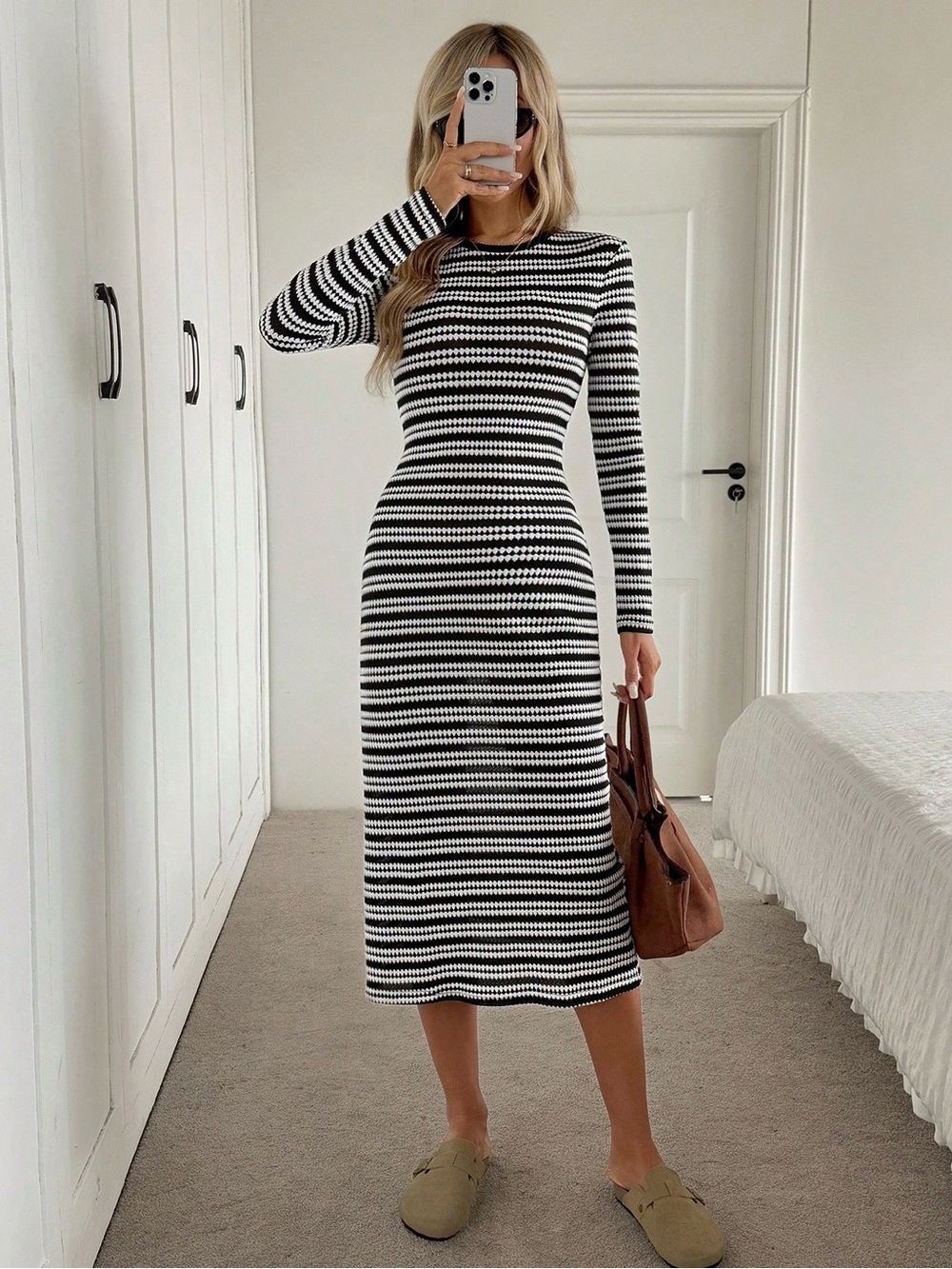 Striped Long Sleeve Knit Midi Dress - Black & White